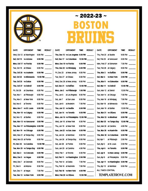 Bruins Printable Schedule 2022 23